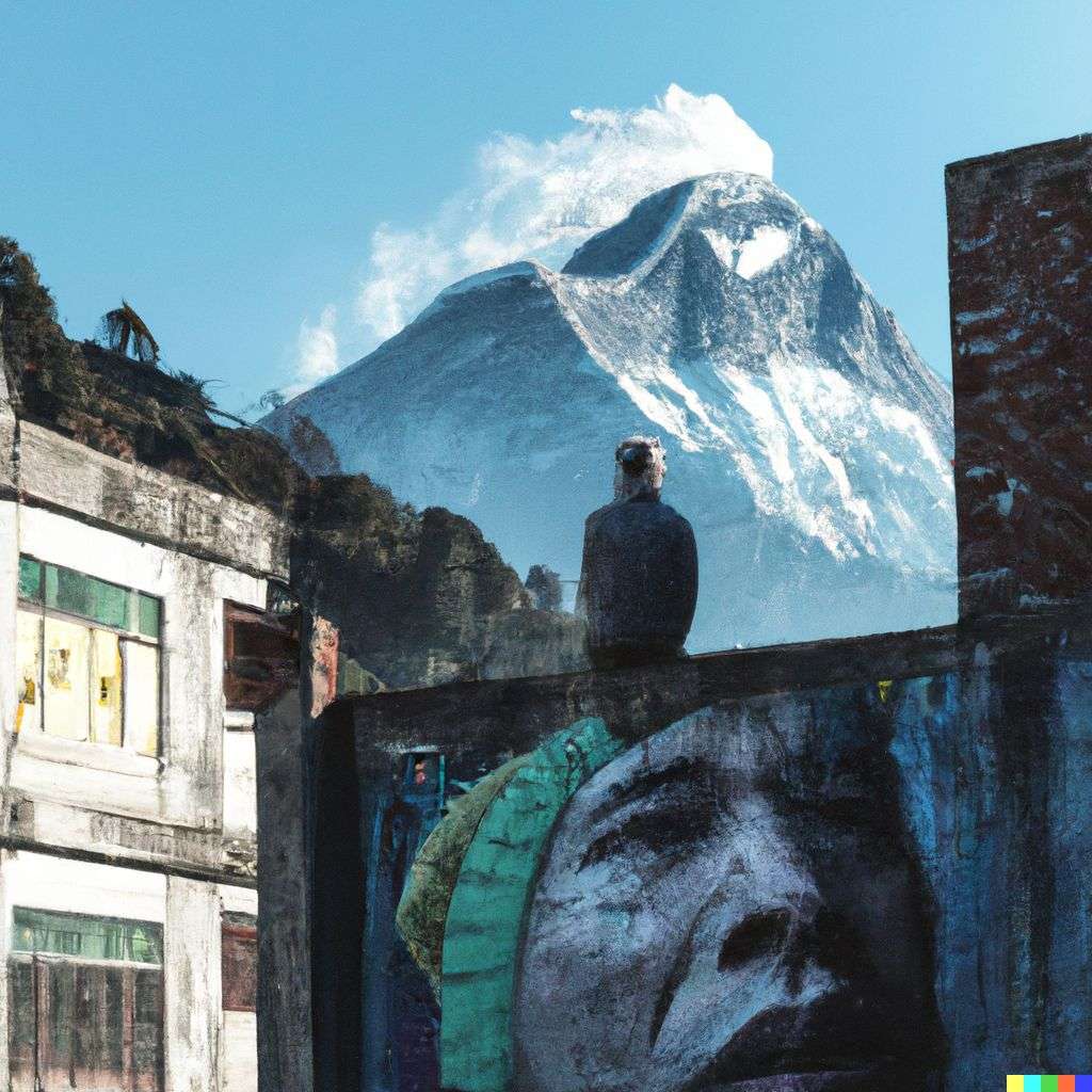 someone gazing at Mount Everest, wall mural by Ernest Zacharevic